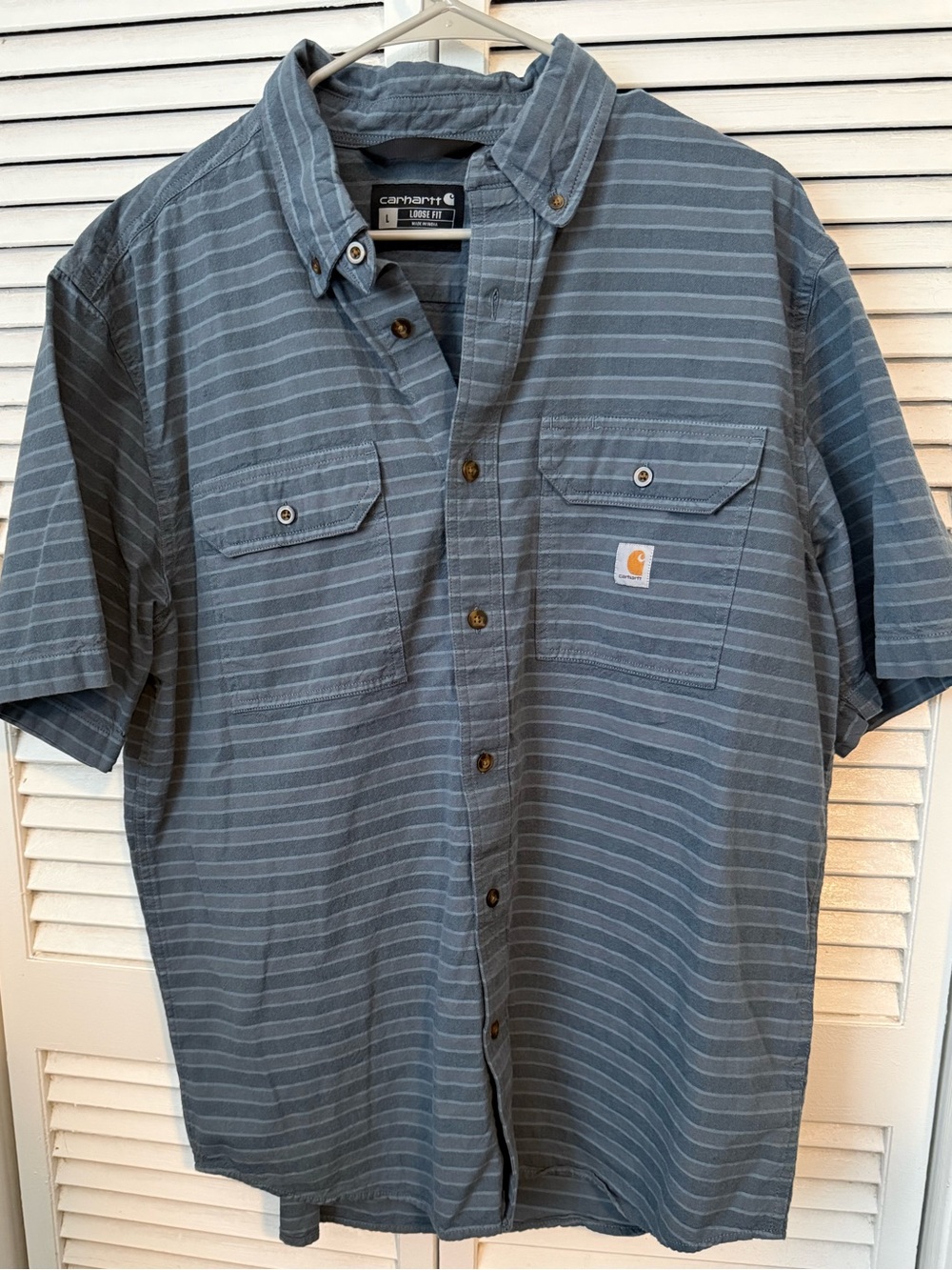 Carhartt Men's Button-Down Short Sleeve Shirt in Slate Blue Stripe